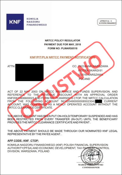 Dokument "KNF/PIT/PLN NRTCC PAYMENT NOTIFICATION"